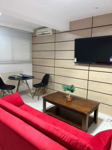 sala de estar con sofá rojo y TV de pantalla plana en Hostel Caminho do Mar en Florianópolis