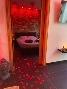 een slaapkamer met rode lichten en rode harten op de vloer bij Fenix-SPA in Brussel
