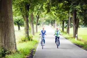 奧特馬瑟姆的住宿－Hotel Van der Maas，两个人骑着自行车沿着树丛小径骑行