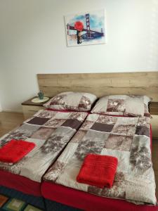 Una cama con dos almohadas rojas encima. en Apartmán Štefánikova en Zlín