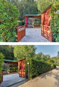two pictures of a house with a wooden gate at Chalet nel Verde di Cavo in Cavo