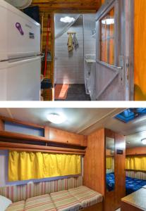 twee foto's van een kleine kamer met een koelkast bij Chalet nel Verde di Cavo in Cavo