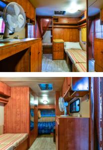 dos fotos de una cocina y un dormitorio en una caravana en Chalet nel Verde di Cavo, en Cavo