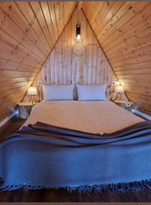 a bedroom with a large bed in a wooden cabin at Triangle House Parang in Petroşani