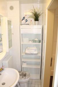 a bathroom with a white toilet and a sink at Ferienwohnung Am Wald in Michendorf