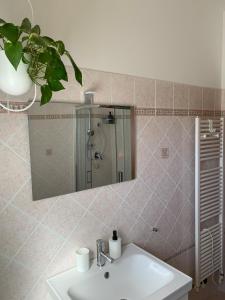 een badkamer met een wastafel en een spiegel bij angolo del cuore, relax e stile, app. indipendente in Casa Calari