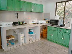 een keuken met groene kasten en een wastafel bij Suite departamento al pie de la playas con Aire acondicionado in Playas