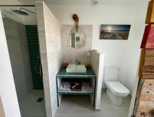 łazienka z umywalką i toaletą w obiekcie La chambre de Séraphine w mieście Biscarrosse