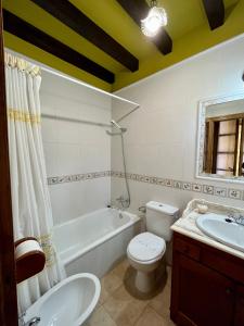 y baño con bañera, aseo y lavamanos. en Apartamentos Turisticos Paseo de la Alameda, en Villaviciosa