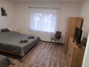 a bedroom with a bed and a television and a chair at Neubauer Vendégház*** Mohács in Mohács