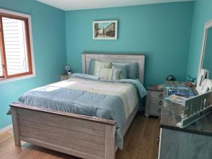 a blue bedroom with a bed and a dresser at Tibbets Lake House in Traverse City
