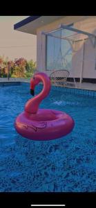 a pink swan float in a swimming pool at منتجع سرايا وسفاري ديور in At Turbīyah
