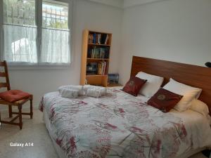 ein Schlafzimmer mit einem großen Bett und einem Bücherregal in der Unterkunft Un logement dans pavillon Pèzenas in Pézenas