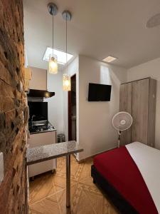 ein Hotelzimmer mit einem Bett und einer Küche in der Unterkunft Hotel Coffee Real Pereira in Pereira
