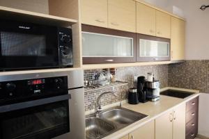 a kitchen with a sink and a microwave at The Seashell apartment in Keramotí +14 photos