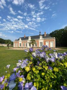 Lassay-sur-CroisneにあるDomaine de charme - Les Placesの紫の花が目の前に広い家