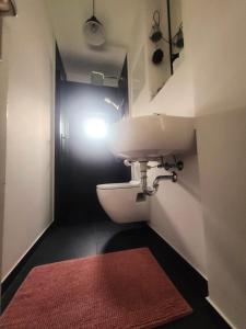 uma casa de banho com um WC, um lavatório e um tapete vermelho em Get-your-flat - traumhaft niedliche FeWo 2 Zr Kü Bad, Haustier auf Anfrage, ruhig & stadtnah EG - TOP em Bochum