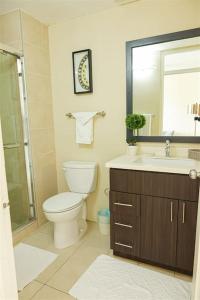 a bathroom with a toilet and a sink and a mirror at Journey`s End with Prohomesja at Bromptons in Kingston