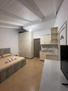 a large room with a bed and a kitchen at Eveline Boutique Apartments in Sarandë +15 photos