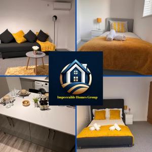 eine Collage mit vier Bildern eines Zimmers in der Unterkunft Superb modern flat in Northampton, parking &EV in Northampton