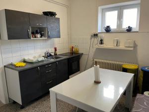 a kitchen with a sink and a table in it at Garis Pension Wesseln 