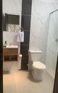 拉塞哈的住宿－Hotel Portobello La Ceja，浴室配有白色卫生间和盥洗盆。