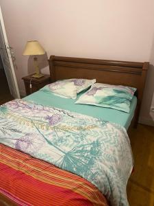 a bedroom with a bed with a bedspread and pillows at La roseraie in Thiais