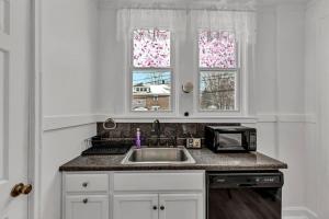 a kitchen with a sink and a microwave and two windows at The Victorian on South Park - Sleeps 6 in Buffalo +7 photos