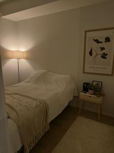 a bedroom with a bed and a lamp in it at Villa Virpi in Rovaniemi