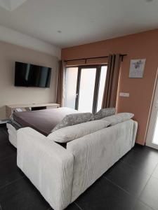 ein Schlafzimmer mit einem Bett, einem Sofa und einem TV in der Unterkunft Le Studio in La Louvière