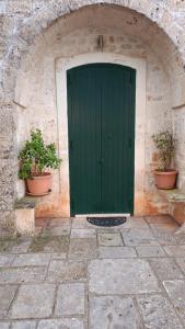 a green door in a stone wall with two potted plants at La magia del trullo in Martina Franca