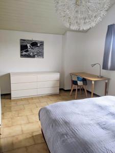 1 dormitorio con cama, escritorio y lámpara de araña en Lago Maggiore - Loft Apartment, en Ispra