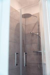 W łazience znajduje się prysznic ze szklanymi drzwiami. w obiekcie Le Baudelaire, T3 en duplex w Tours