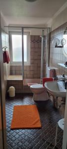 La salle de bains est pourvue de 2 toilettes, d'une douche et d'un lavabo. dans l'établissement Bed and Breakfast Dannevirke, à Owschlag