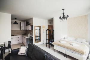 a bedroom with a bed and a couch and a kitchen at ZARA LUXURY APARTMENTS The absolute center of Žilina in Žilina