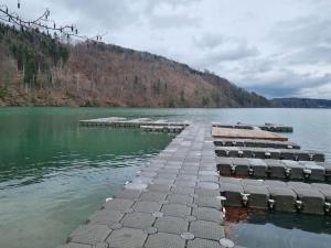 un quai sur un lac au milieu d'une montagne dans l'établissement Haus an der Drau, à Feistritz im Rosental