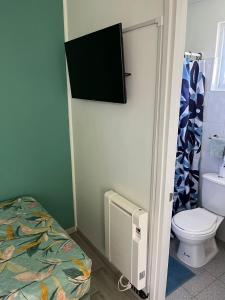 a bathroom with a toilet and a tv on the wall at Acogedor y confortable miniapartamento in Los Ángeles