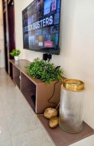 a television on a wall with a vase and a plant at Lovely Double Bed with a Private Garden Nook in Kira