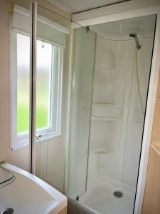 La salle de bains est pourvue d'une douche avec une porte en verre. dans l'établissement *Air-conditioned* Mobilhome near Europapark, à Boofzheim