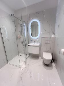 a white bathroom with a shower and a toilet at Apartman No. 2 in Zagreb