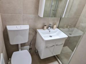 une salle de bain avec des toilettes blanches et un lavabo dans l'établissement Mirror Apartment, à Novi Pazar