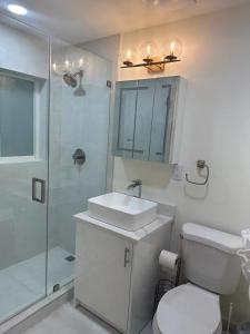 a bathroom with a toilet and a sink and a shower at Green Island Inn in Fort Lauderdale