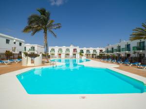 a swimming pool in a resort with chairs and a palm tree at Armonia Pool View & Wi-Fi by iRent Fuerteventura in Corralejo
