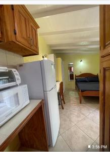 a kitchen with a white refrigerator and a living room at Thrillers for the guest that works remote in True Blue +8 photos