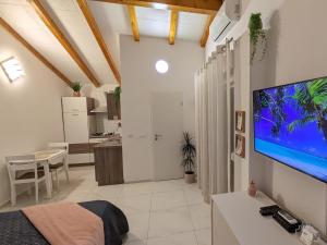 a living room with a large flat screen tv on a wall at Poolside Studio in Fažana