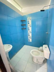 Baño azul con aseo y lavamanos en Garden Hostel Tingo María, en Tingo María