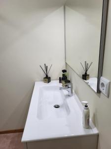 La salle de bains est pourvue d'un lavabo blanc et d'un miroir. dans l'établissement Trilhos do Diabo, T1, à Vila do Conde