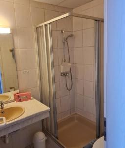a bathroom with a shower and a sink at Hotel Stadt Witzenhausen in Witzenhausen +30 photos