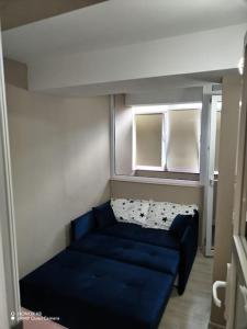 a blue couch in a room with two windows at Apartament in centrul istoric in Baia Mare