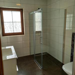 a bathroom with a shower and a toilet and a window at Słoneczne zbocze in Wysowa-Zdrój